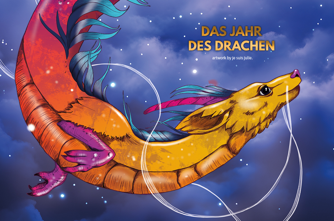 handgefertigte Illustration eines fantasievollen Drachen von je suis Julie.
