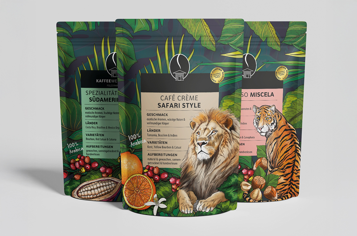 Darstellung von gestalteten Kaffeetüten für die Kaffeewerkstatt Pelzerhaken von je suis Julie.